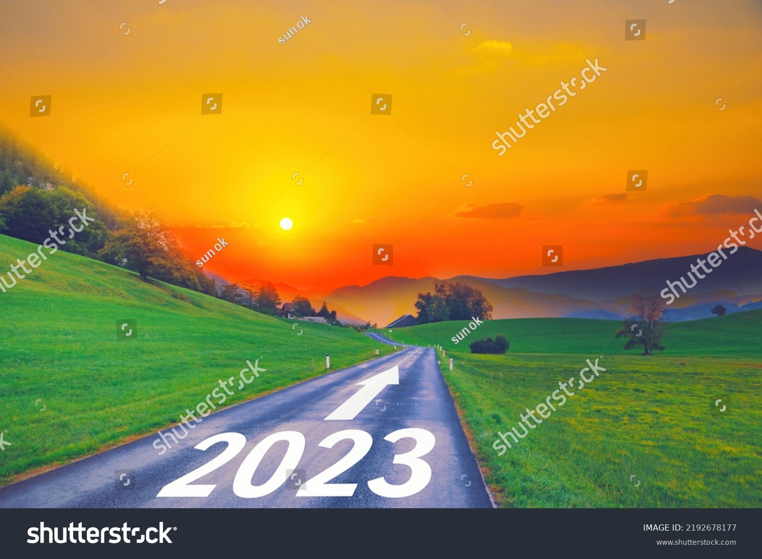 Open empty road path end and new year 2023. Upcoming 2023 goals and leaving behind 2022 year. passing time future, life plan change, work start run line, sunset hope growth begin, go forward concept. #2192678177