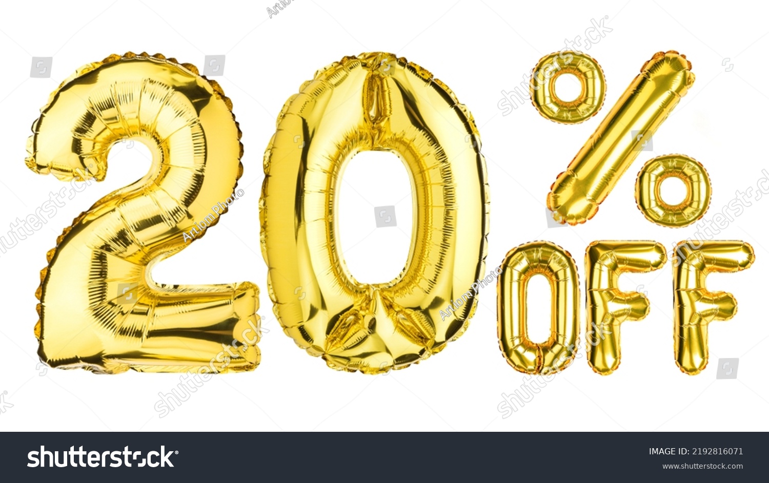 20 Twenty Percent % Off balloons. Sale, Clearance, discount. Yellow Gold foil helium balloon. Word good for store, shop, shopping mall. English Alphabet Letters. Isolated white background. #2192816071