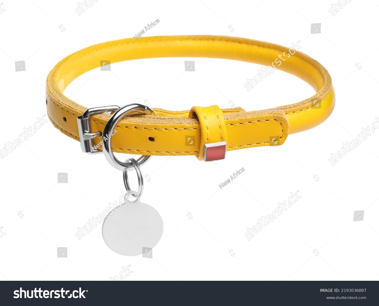 Yellow leather dog collar with tag isolated on white #2193036887