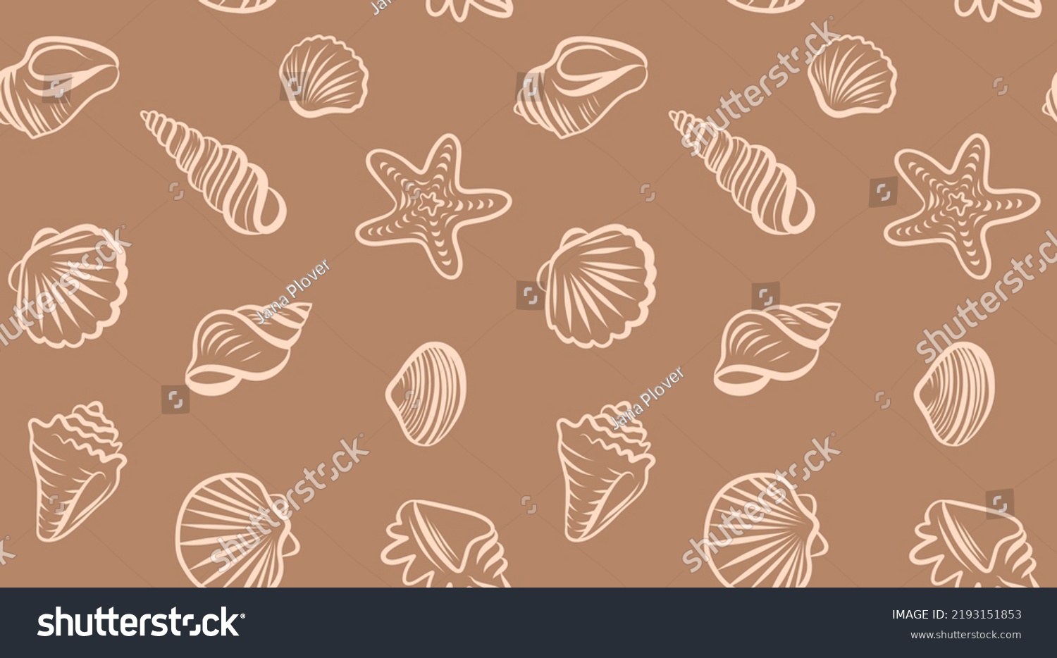 Vector seamless pattern on the marine theme. Different seashells and stars with a light line on a beige background. #2193151853