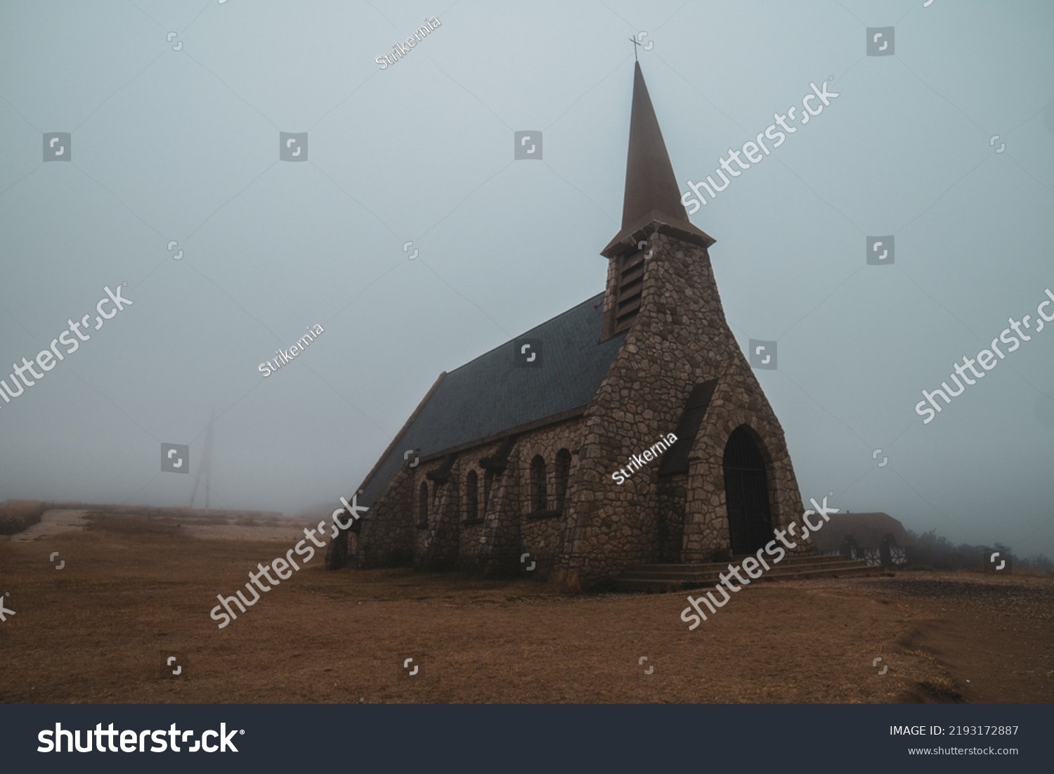 Church on a Cliff. church in the morning mist. Old Abandoned Church in the Fog.  #2193172887