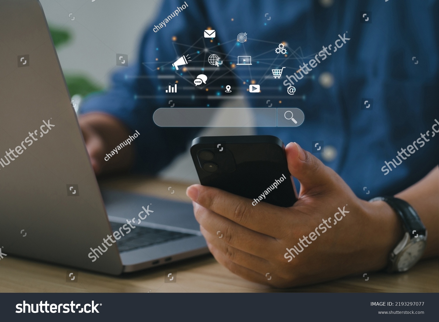 SEO Concept. Businessmen use smartphones with laptops. SEO icon for analysis SEO Search Engine optimizing your website to rank in search engines or SEO. best promoting ranking traffic on your website. #2193297077