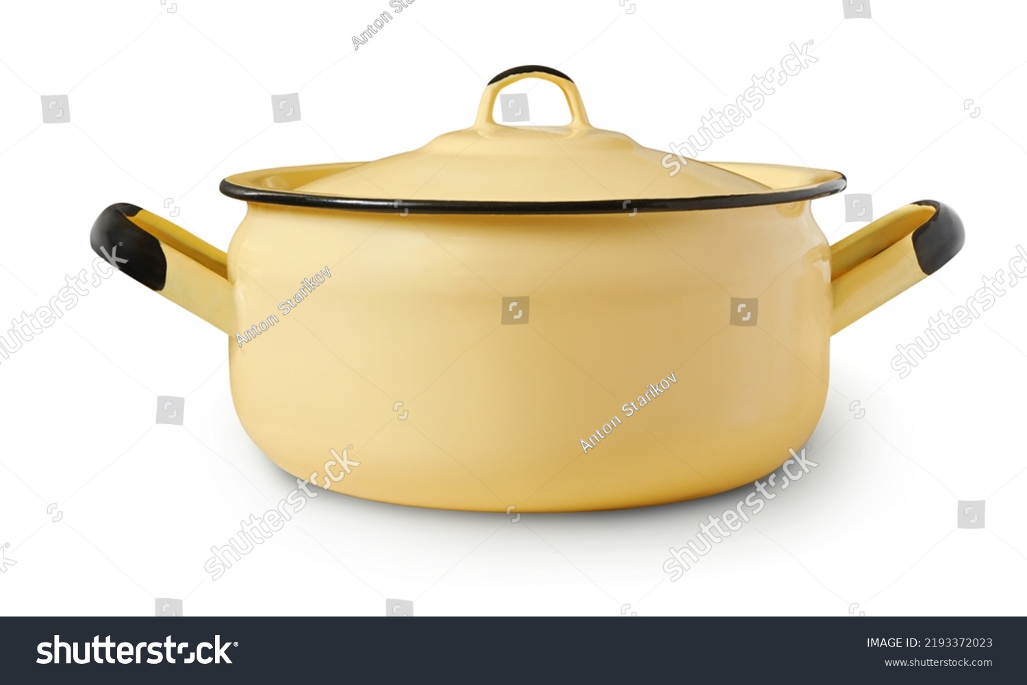 Front view of low yellow enamel cooking pot isolated on white #2193372023