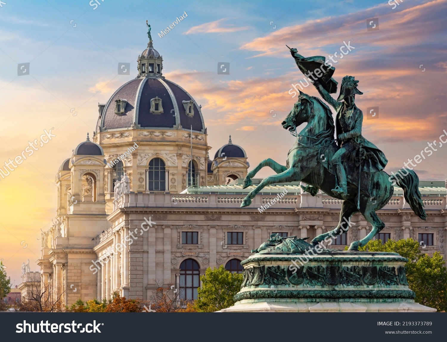 Statue of Archduke Charles on Heldenplatz square and Museum of Natural History dome at sunset, Vienna, Austria #2193373789