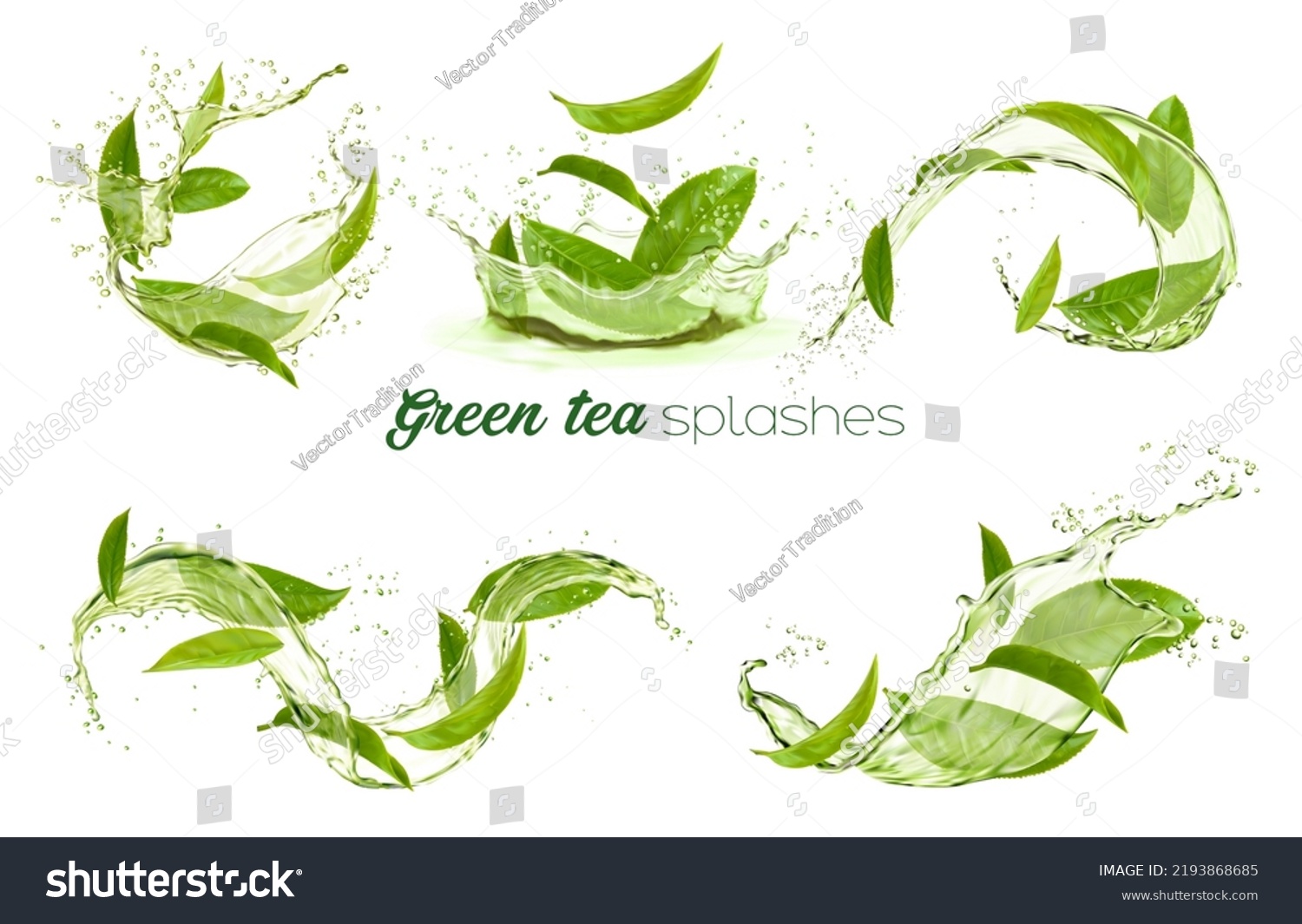 Green tea leaves swirls and splashes, transparent background. Vector 3d organic herbal foliage in water splatters, fresh drink aqua flow. Isolated plant leaves, natural aroma beverage #2193868685
