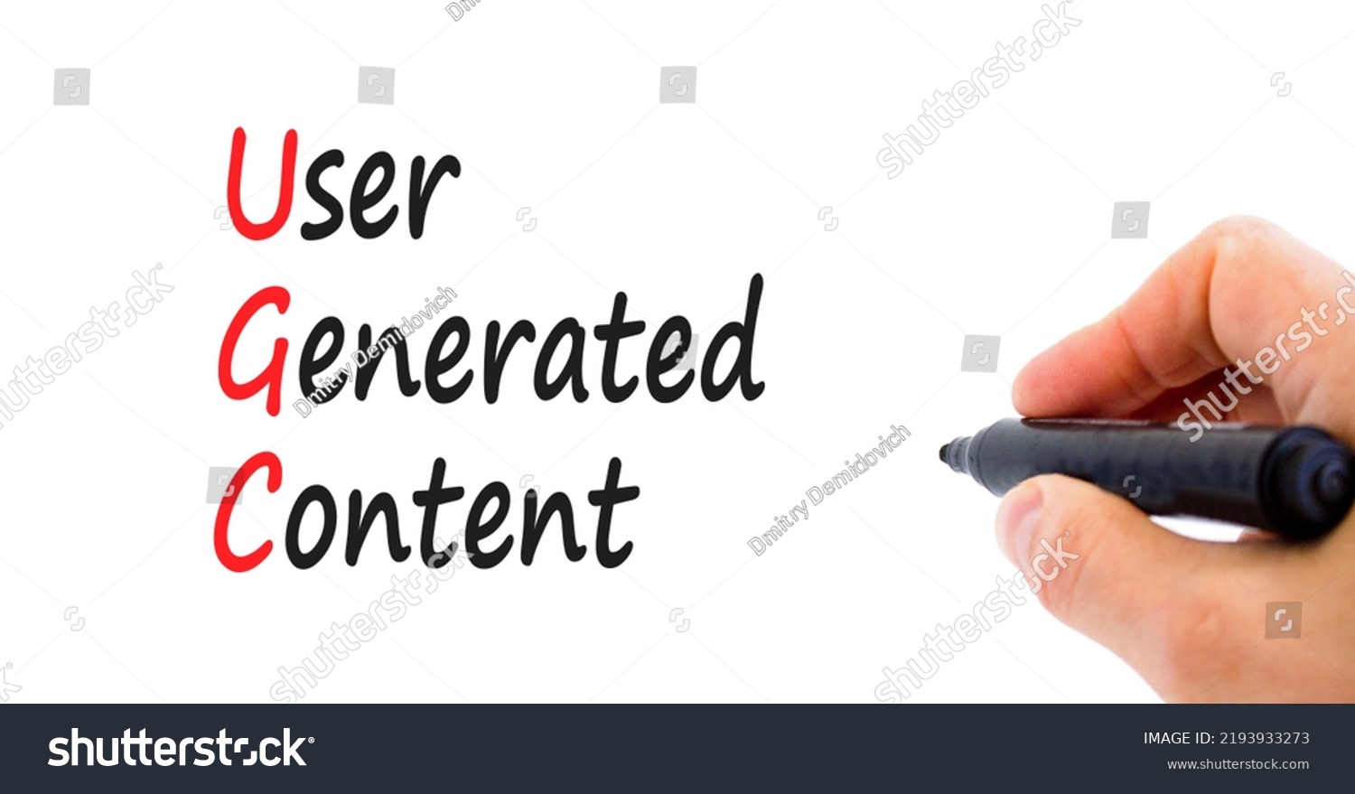 UGC user generated content symbol. Concept words UGC user generated content on a beautiful white background. Businessman hand. Business and UGC user generated content concept. Copy space. #2193933273