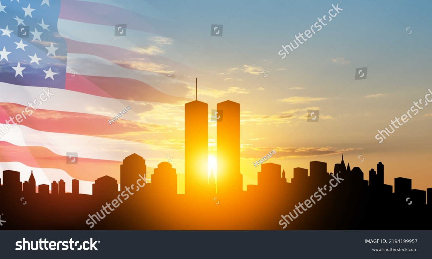 New York skyline silhouette with Twin Towers and USA flag at sunset. 09.11.2001 American Patriot Day banner. NYC World Trade Center. #2194199957