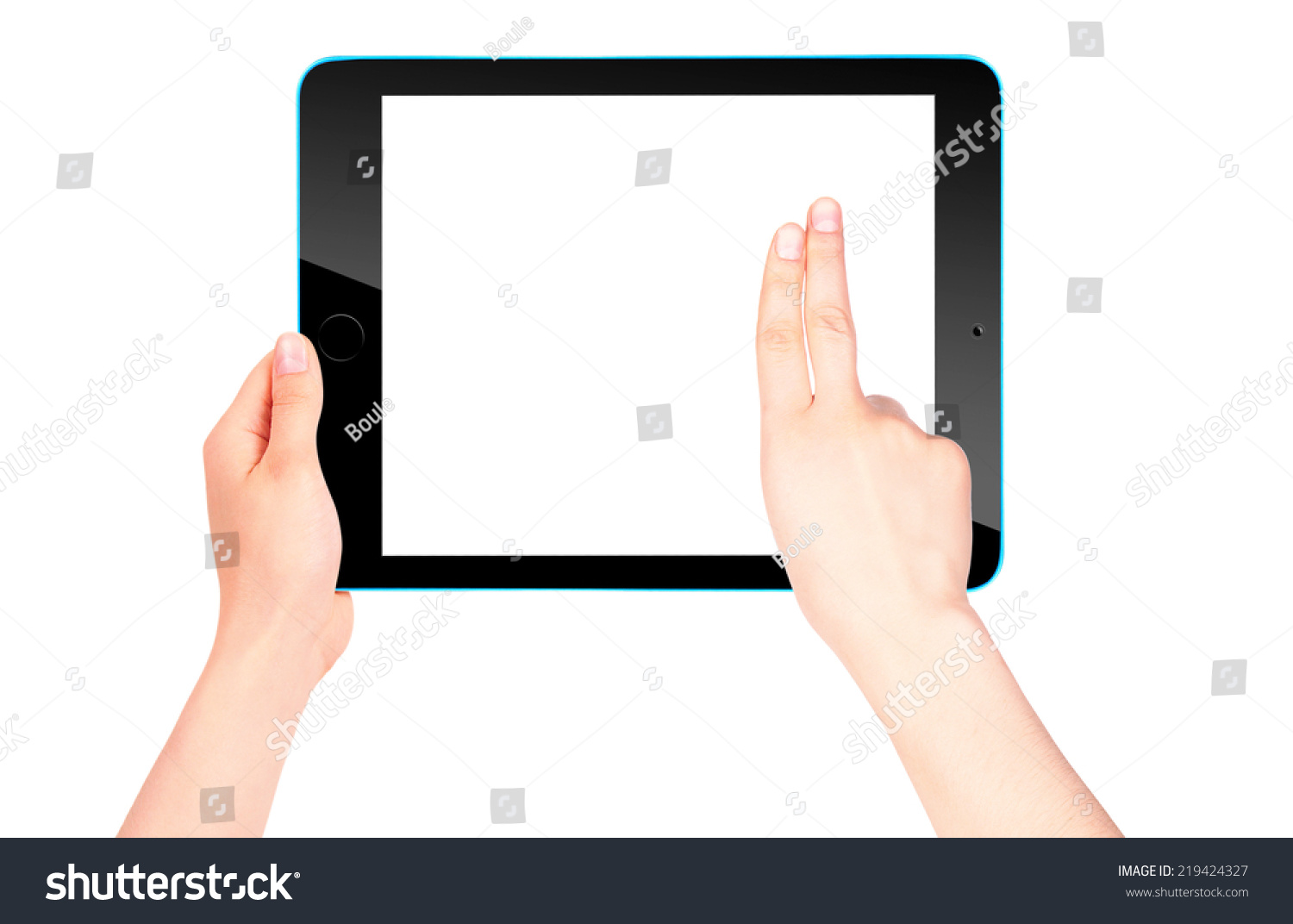 Touch screen tablet computer with blank screen and woman hand isolated #219424327