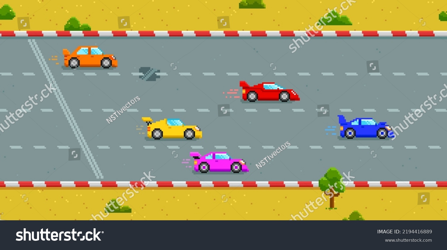 Pixel Art Race Game With Sports Cars And Objects Royalty Free Stock