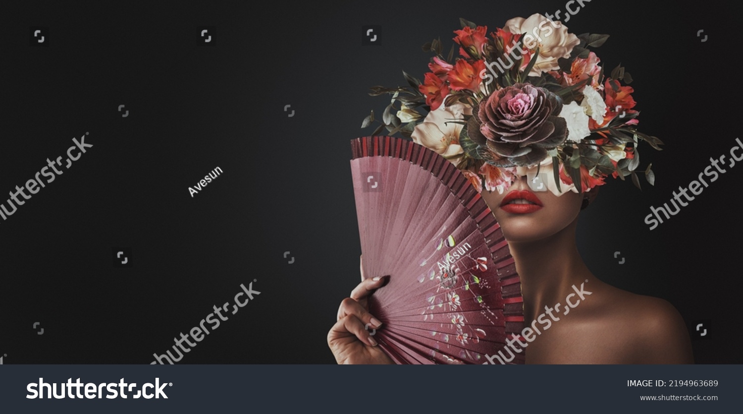 Abstract contemporary art collage portrait of young woman with flowers #2194963689