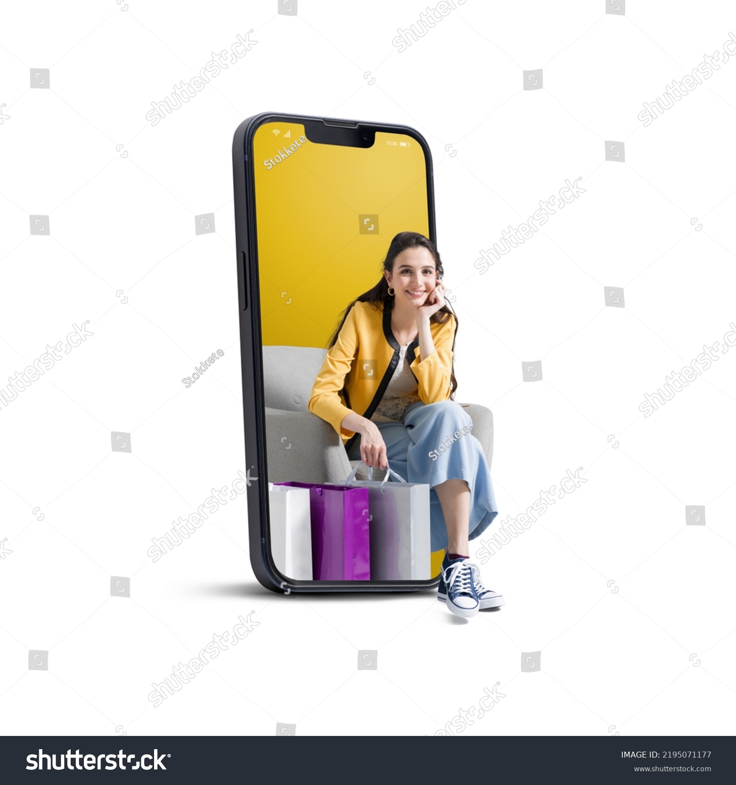 Happy young woman with shopping bags in a smartphone, online shopping and sales concept, isolated on white background #2195071177