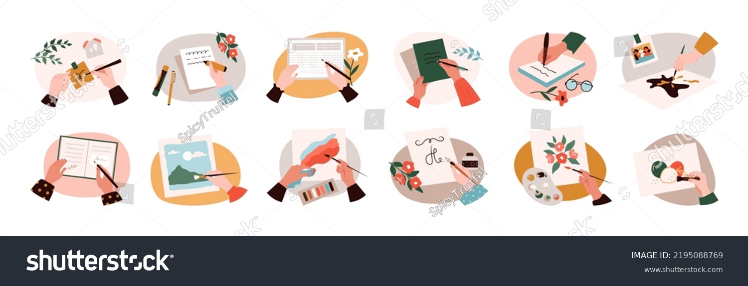 Hand making note. Person writing or painting. Diary plan. Paper document. Paintbrush and palette. Office desk top view. Business form. Man or woman holding pen. Vector illustration set #2195088769