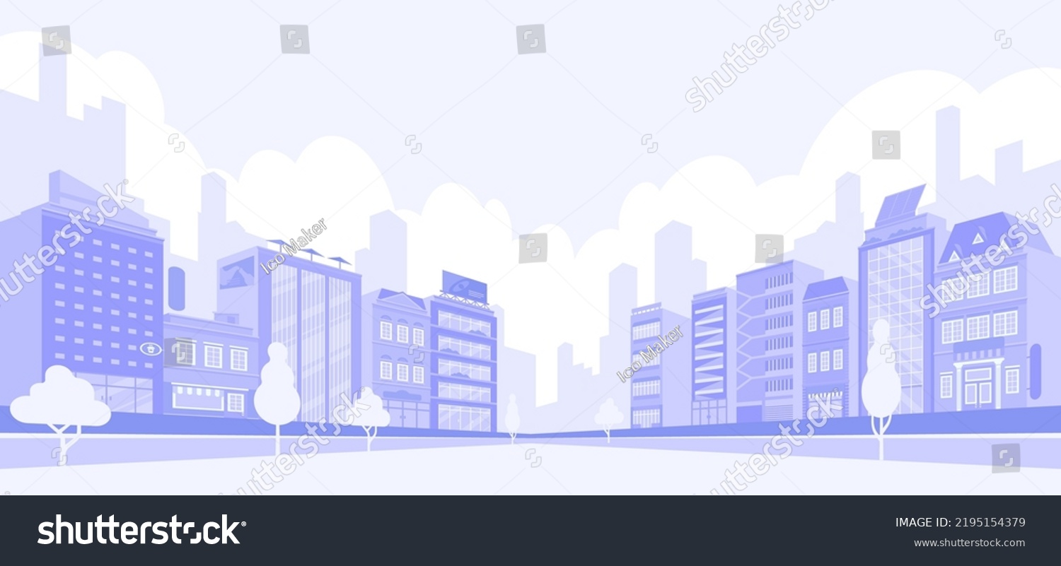 Light gray cityscape background. City buildings with trees at park view. Monochrome urban landscape with street. Modern architectural panorama in flat style. Vector illustration horizontal wallpaper #2195154379