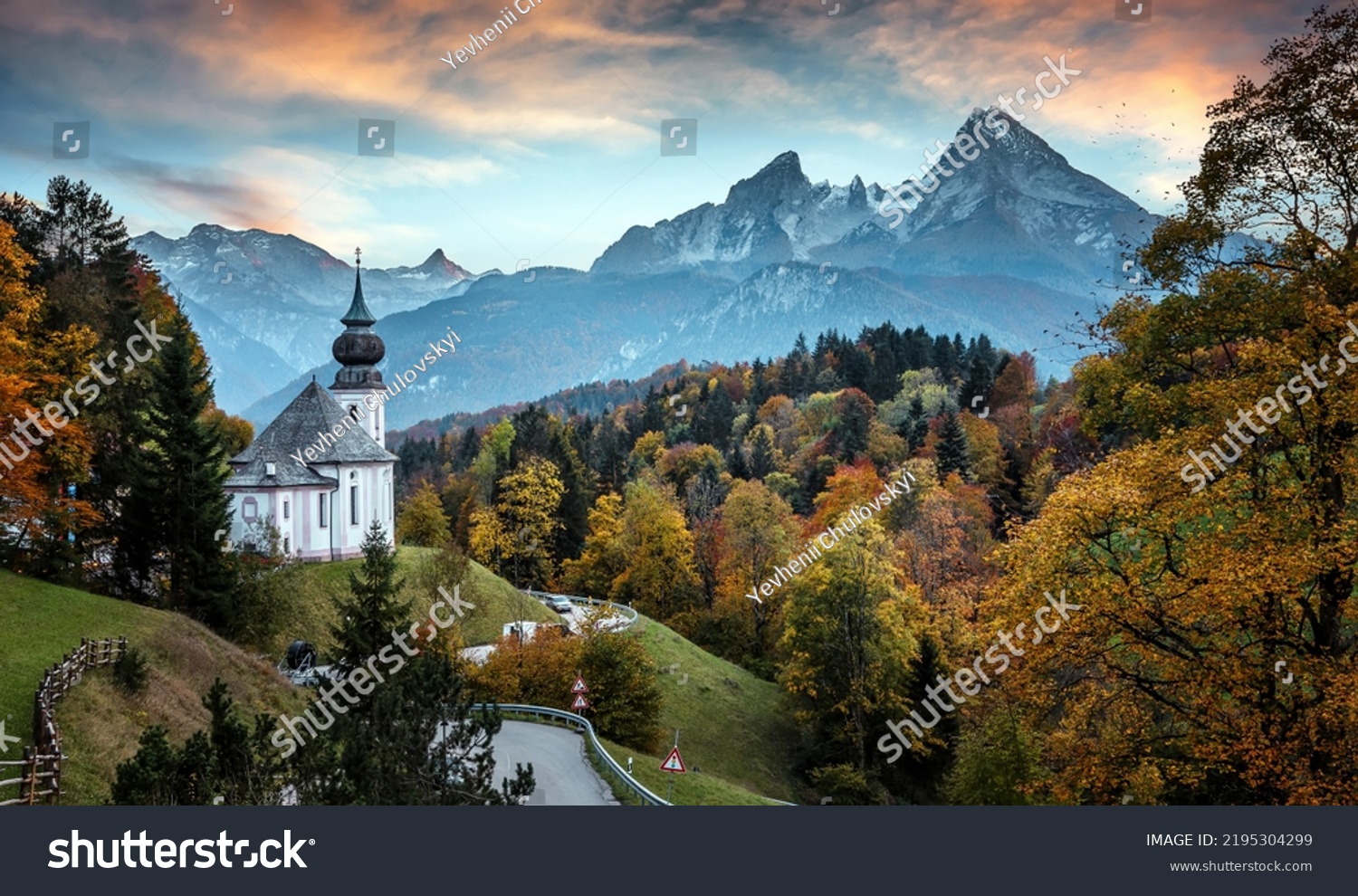 Beautiful nature landscape. Incredible autumn scenery. View on Alpine highlands with Watzmann mountduring sunset. Famous Maria Gern Church. Berchtesgaden Bavaria Alps Germany #2195304299