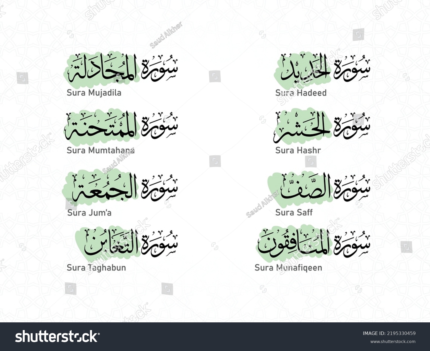 The Names Of The Holy Quran Surahs With A - Royalty Free Stock Vector ...