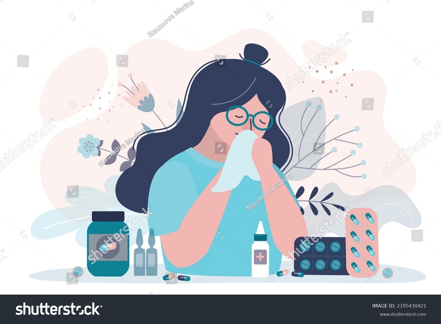 Female character experiencing severe allergies during flower bloom. Girl uses medication to suppress allergies. Woman with runny nose suffering from allergens. Seasonal allergy. Vector illustration #2195430421