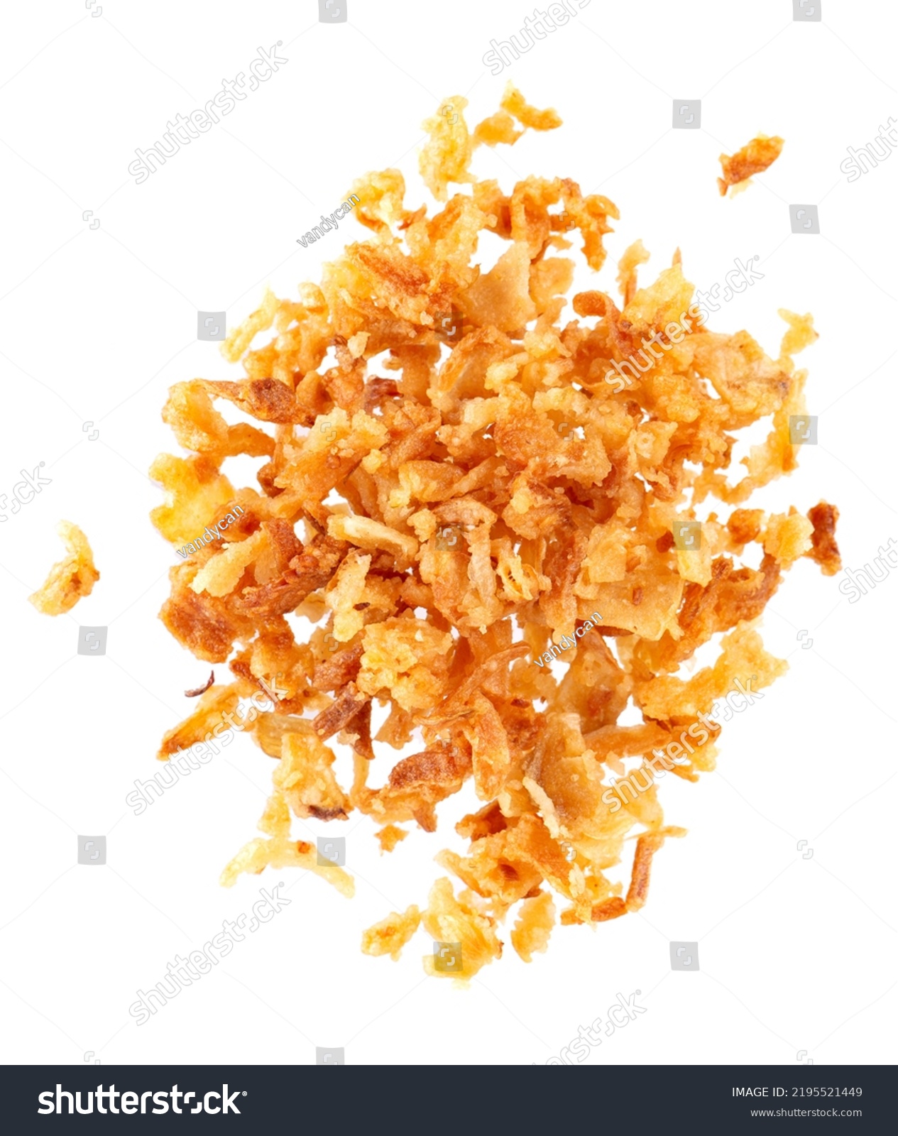 Roasted onions isolated on white background. Crispy fried onions. Top view. #2195521449