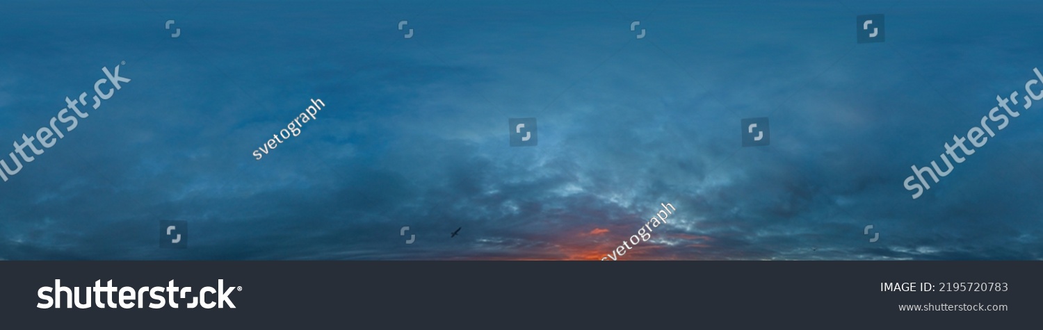 Dark blue twilight sky panorama with Cumulus clouds. Seamless hdr 360 panorama in spherical equiangular format. Full zenith or sky dome for 3D visualization, sky replacement for aerial drone #2195720783