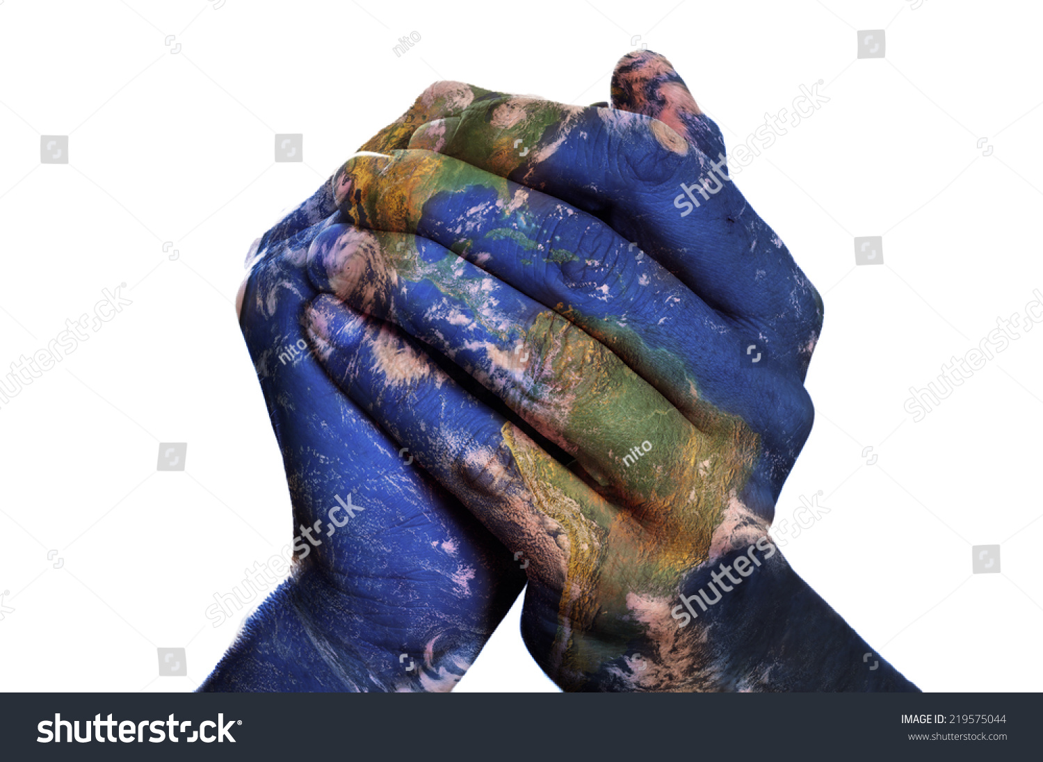 a world map in man hands forming a globe (Earth map furnished by NASA) #219575044