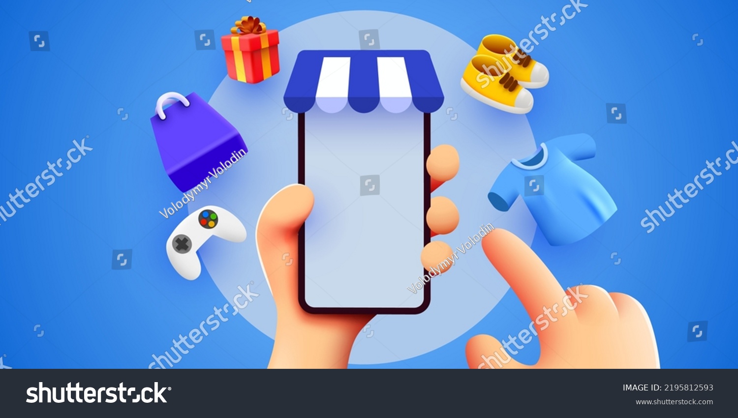 Hand holding mobile smart phone with shopp app and fashion items. Online shopping concept. Vector illustration #2195812593