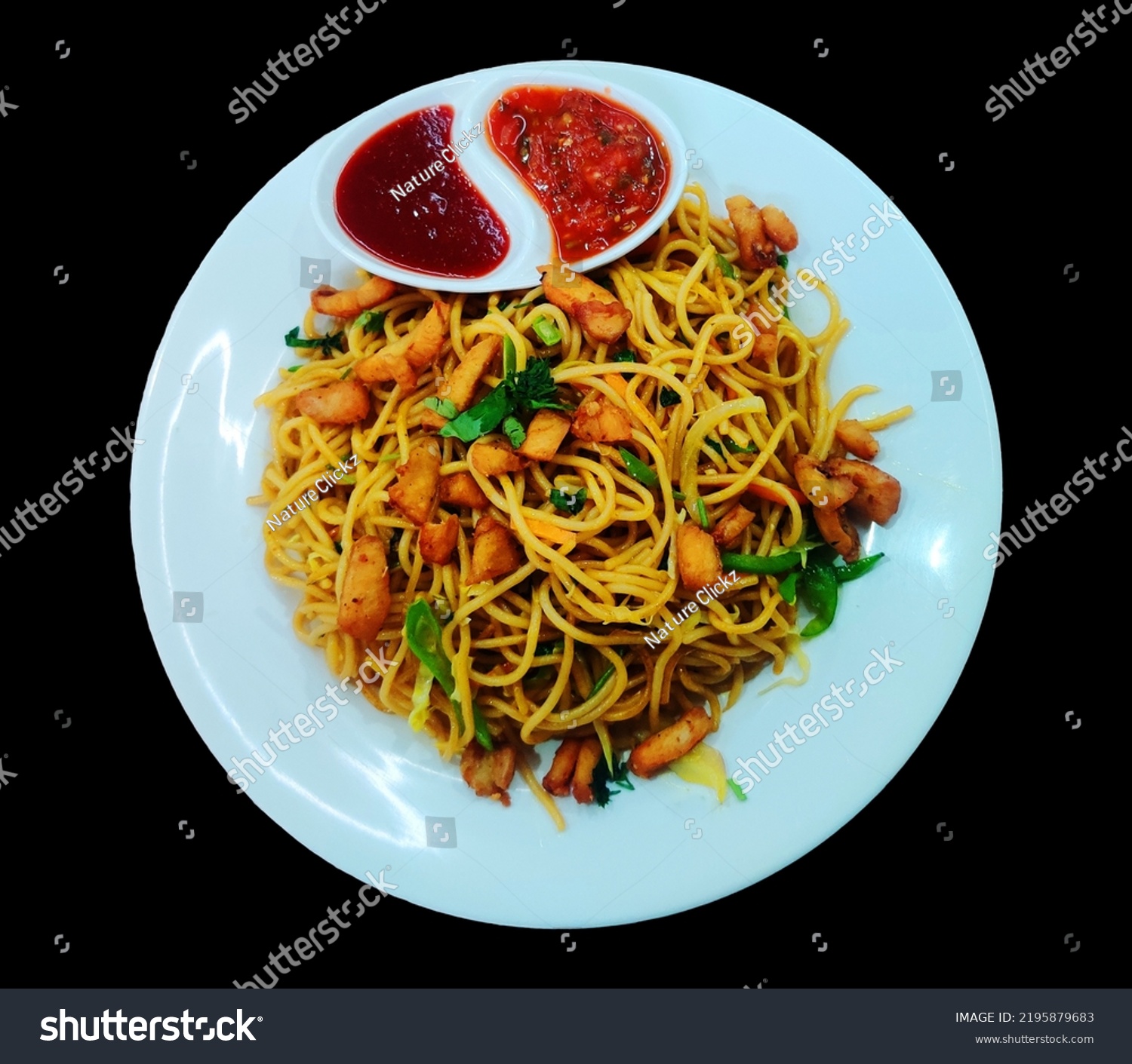Chicken chowmein on a Plate, Hot and Fresh Chow Mein in Nepali Style, Chinese noodles. #2195879683
