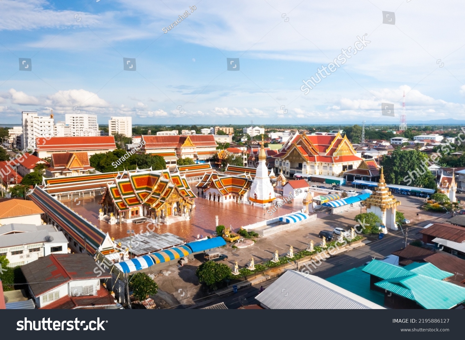 High angle view of Phra That Choeng Chum at Sakon Nakhon Province from the drone view with beautiful blue sky at 17 Sep 2021 #2195886127