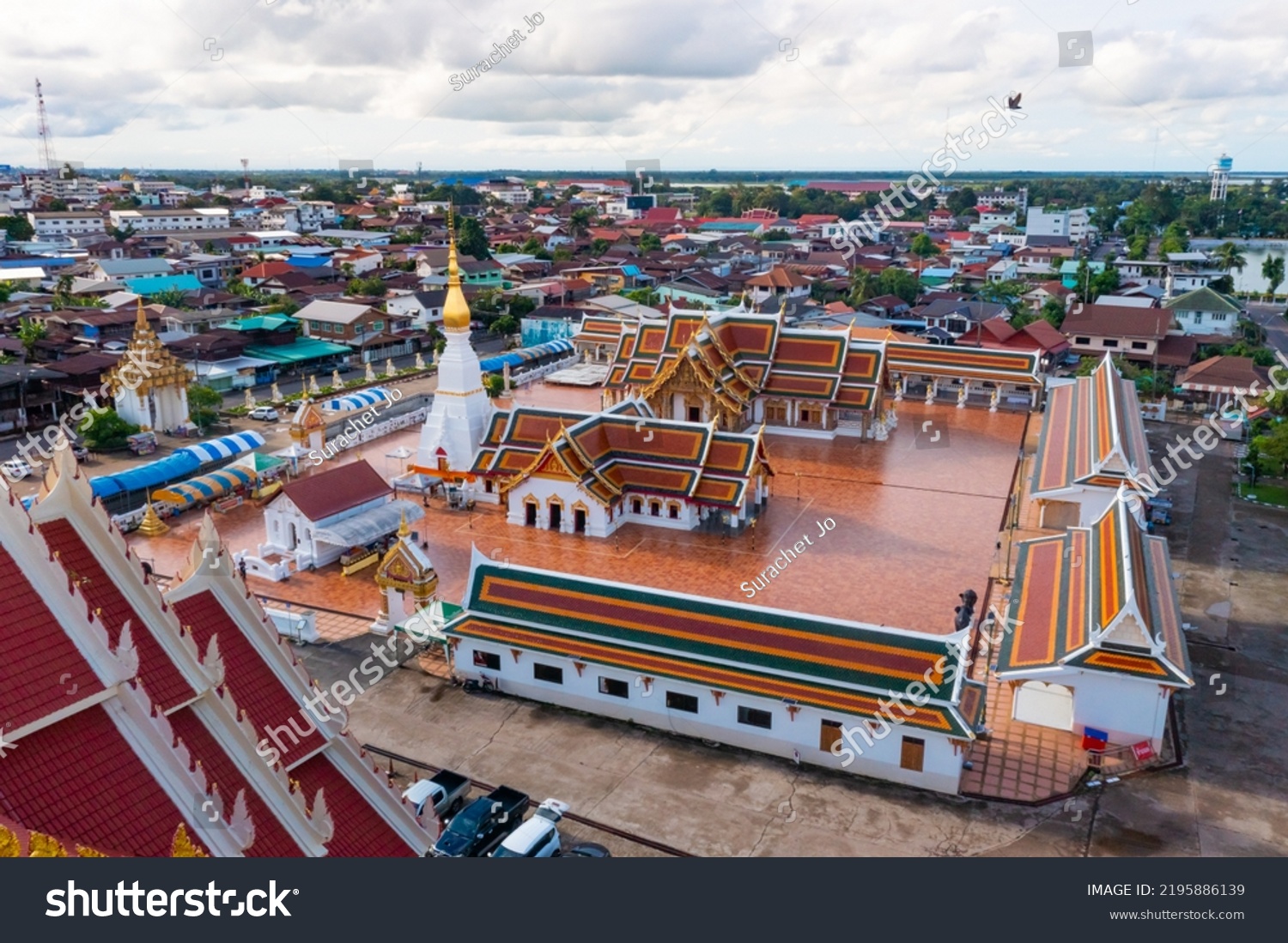 High angle view of Phra That Choeng Chum at Sakon Nakhon Province from the drone view with beautiful blue sky at 17 Sep 2021 #2195886139
