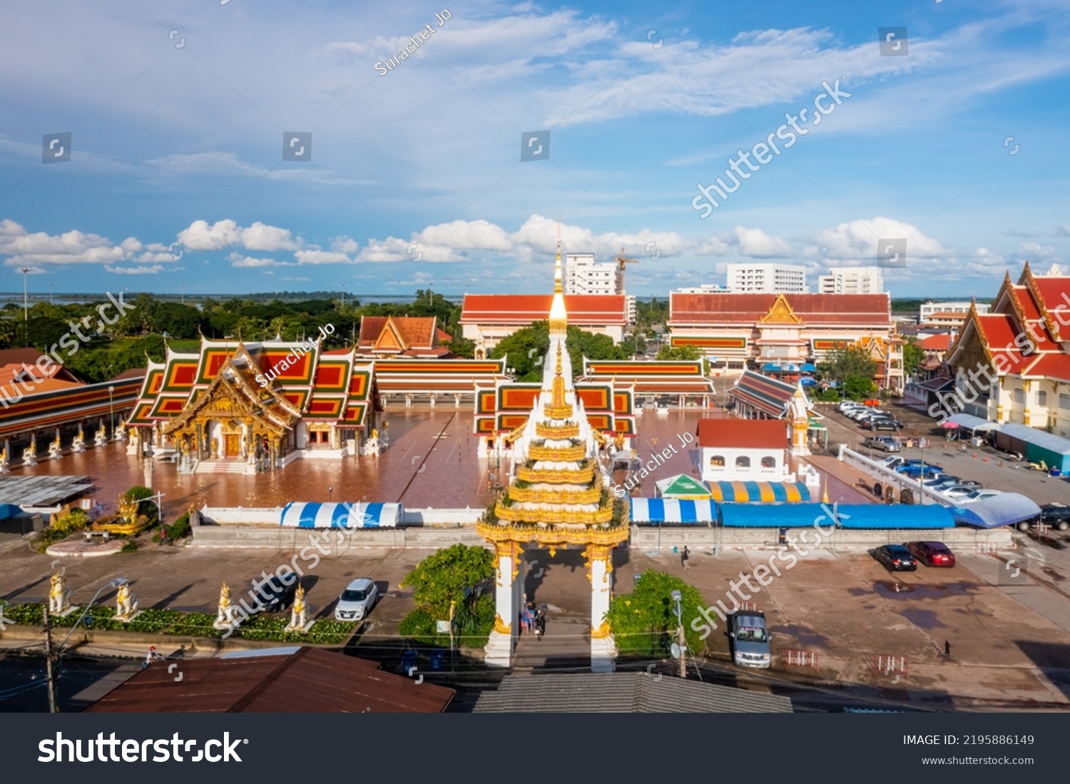 High angle view of Phra That Choeng Chum at Sakon Nakhon Province from the drone view with beautiful blue sky at 17 Sep 2021 #2195886149