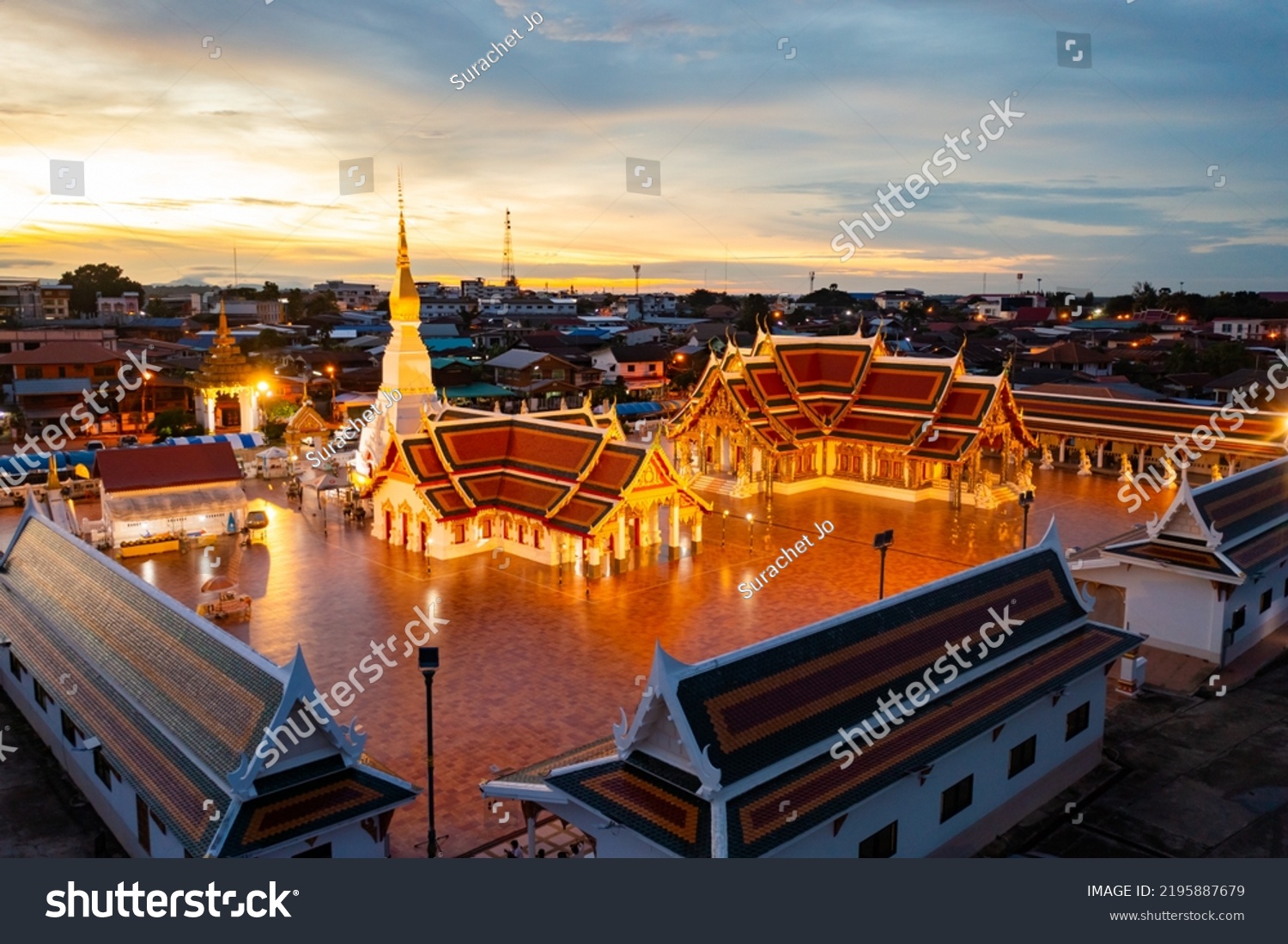 High angle view of Phra That Choeng Chum at Sakon Nakhon Province in sunset time that sky is orange  at 17 Sep 2021 #2195887679
