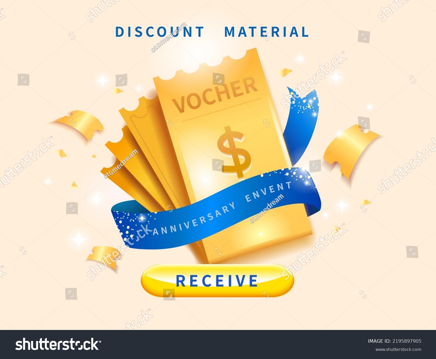 Premium luxury gift voucher template with golden voucher coupon wrapped in blue ribbon #2195897905