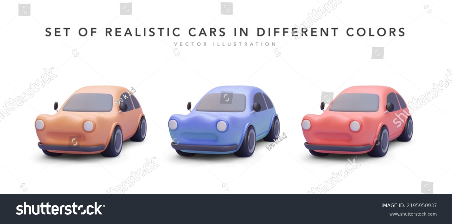 Set of 3d realistic colour cars with shadow isolated on white background. Vector illustration #2195950937