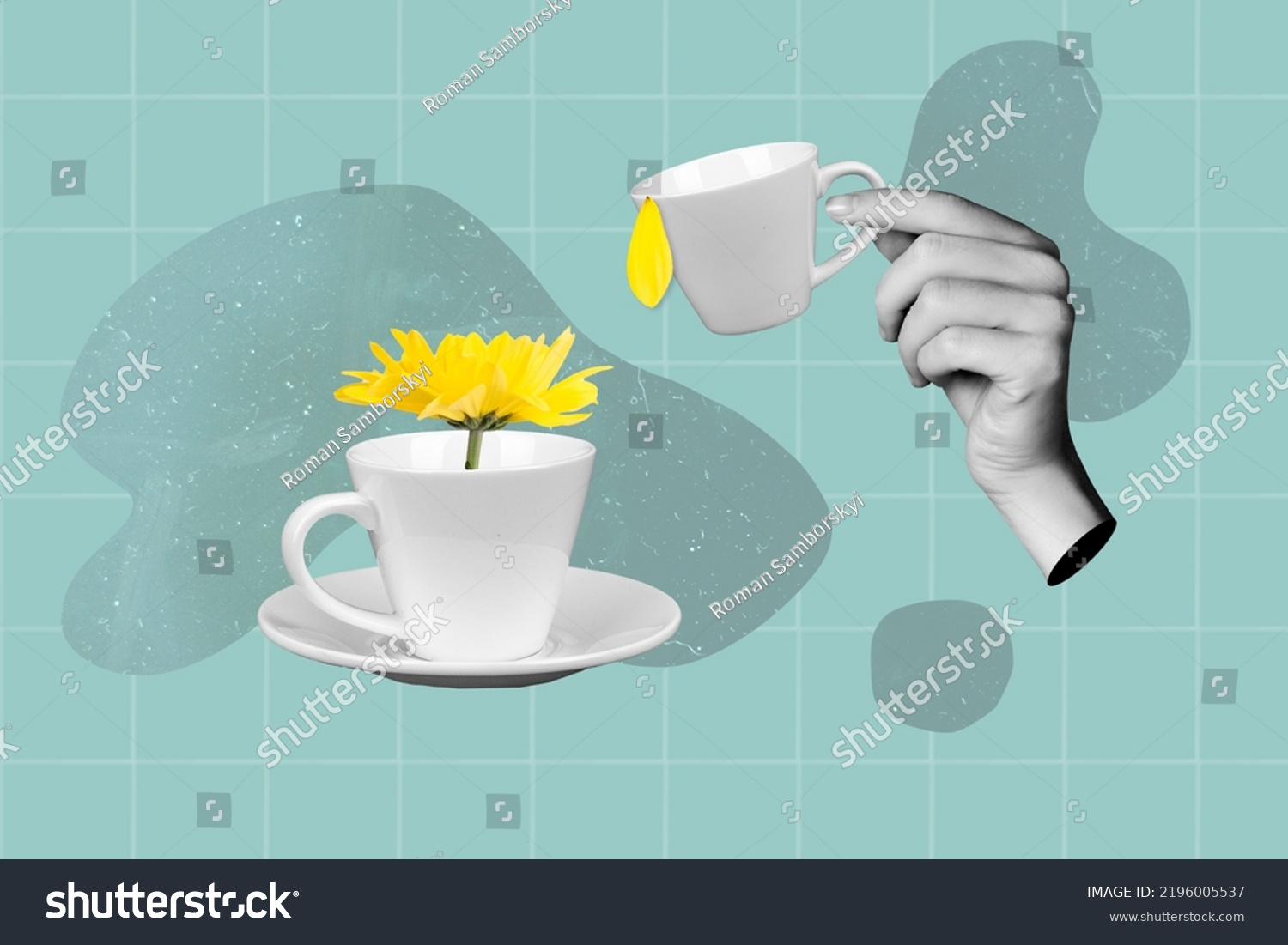 Collage photo of yellow flower cup drink hands holds coffee isolated on blue paint color background #2196005537