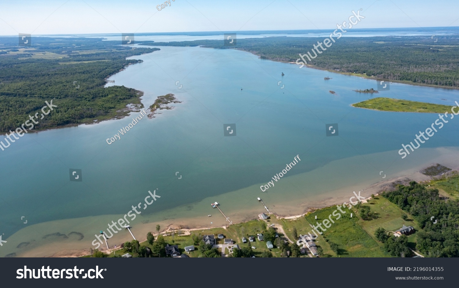 Wide open channel. Aerial drone view of St. Mary's River between Lake Superior and Lake Huron with water channels passing through landscapes between Canada and The Unites States of America. #2196014355