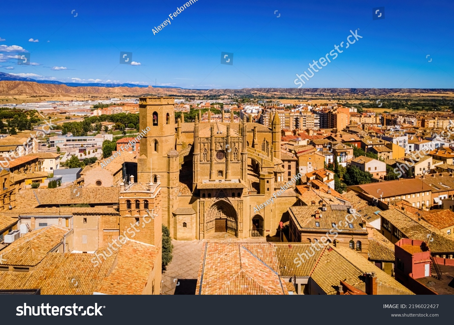 Aerial view of Huesca, a hilly medieval old town in Spain topped by Gothic Huesca Cathedral #2196022427