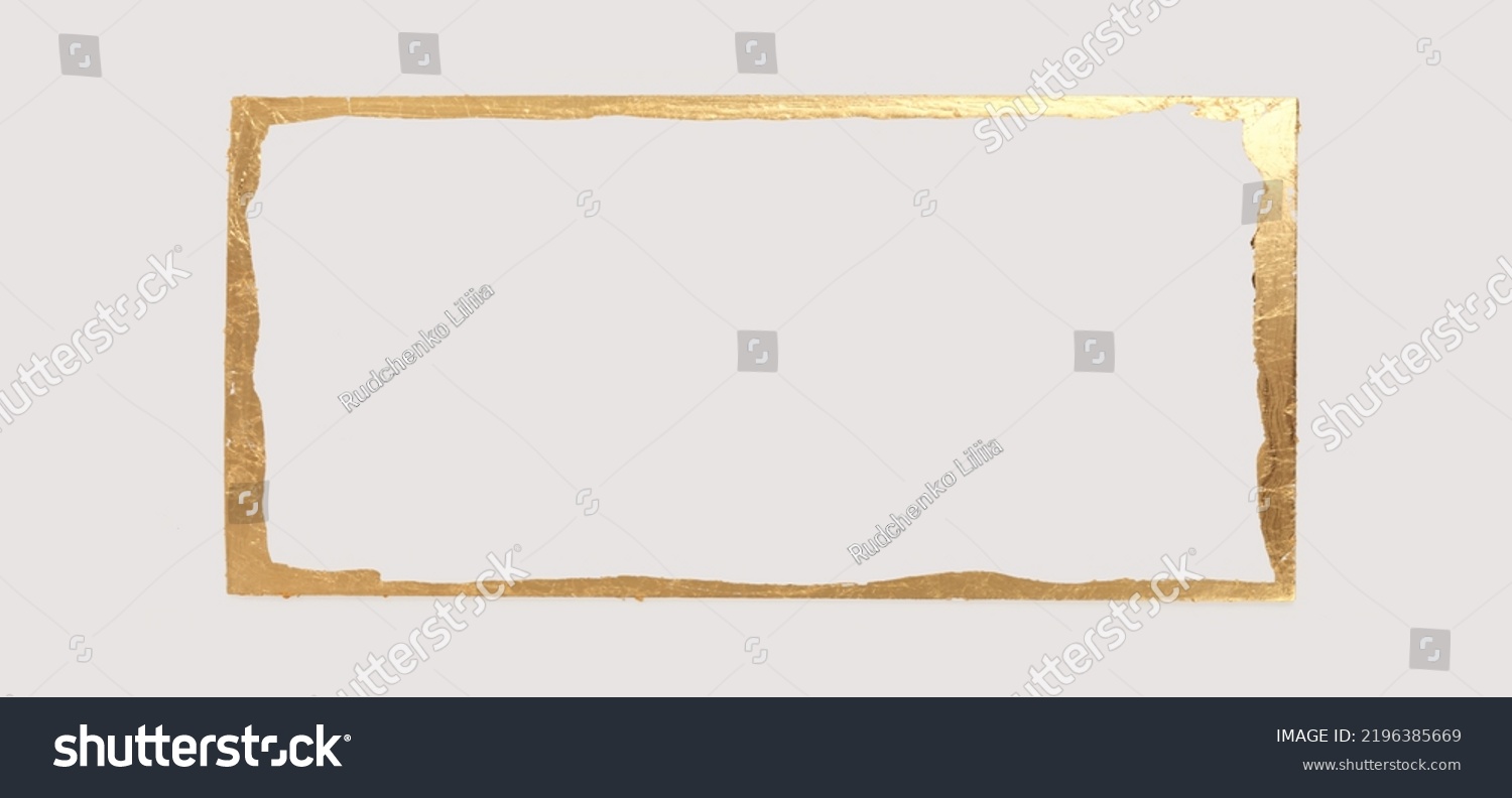 Gold (bronze) glitter empty frame on beige gray paper horizontal long background. Abstract copy space texture. #2196385669