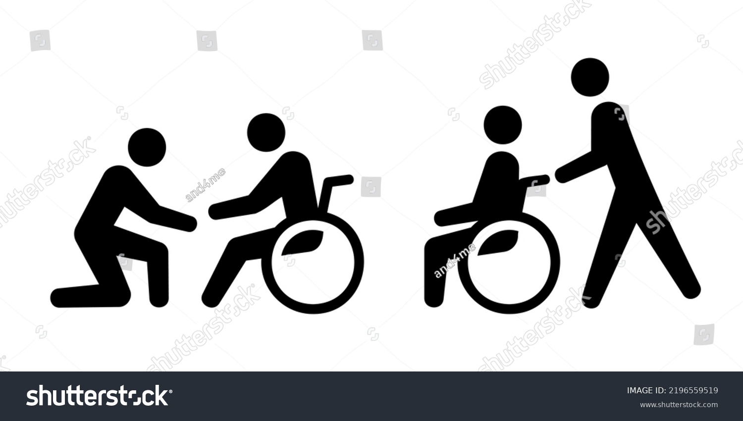 Nurse who supports a patient with a disability pushing a wheelchair Black and white vector icon material set #2196559519