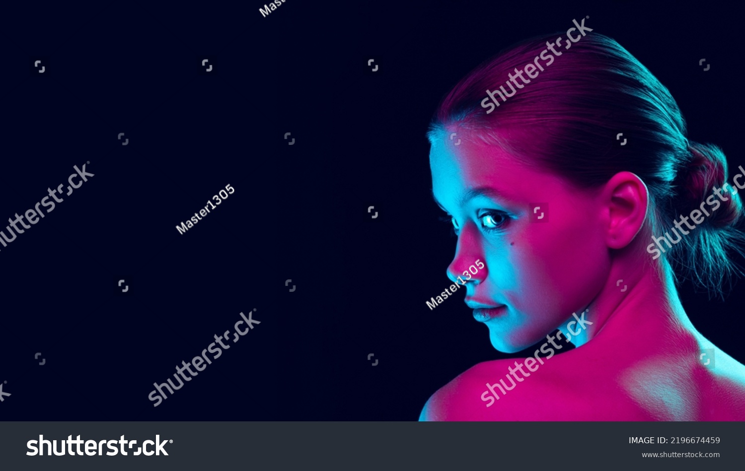 Fashion, style. Young beautiful girl with well-kept skin and without makeup isolated over dark background in neon light. Concept of natural beauty, art, emotions, cosmetics and youth. Flyer for ad #2196674459