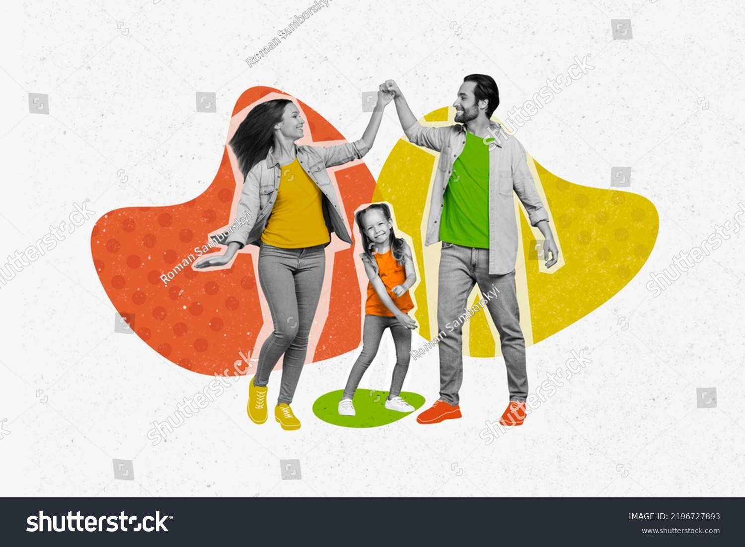 3d retro abstract creative artwork template collage of happy cheerful cute family mother father daughter dancing enjoy weekend holiday #2196727893