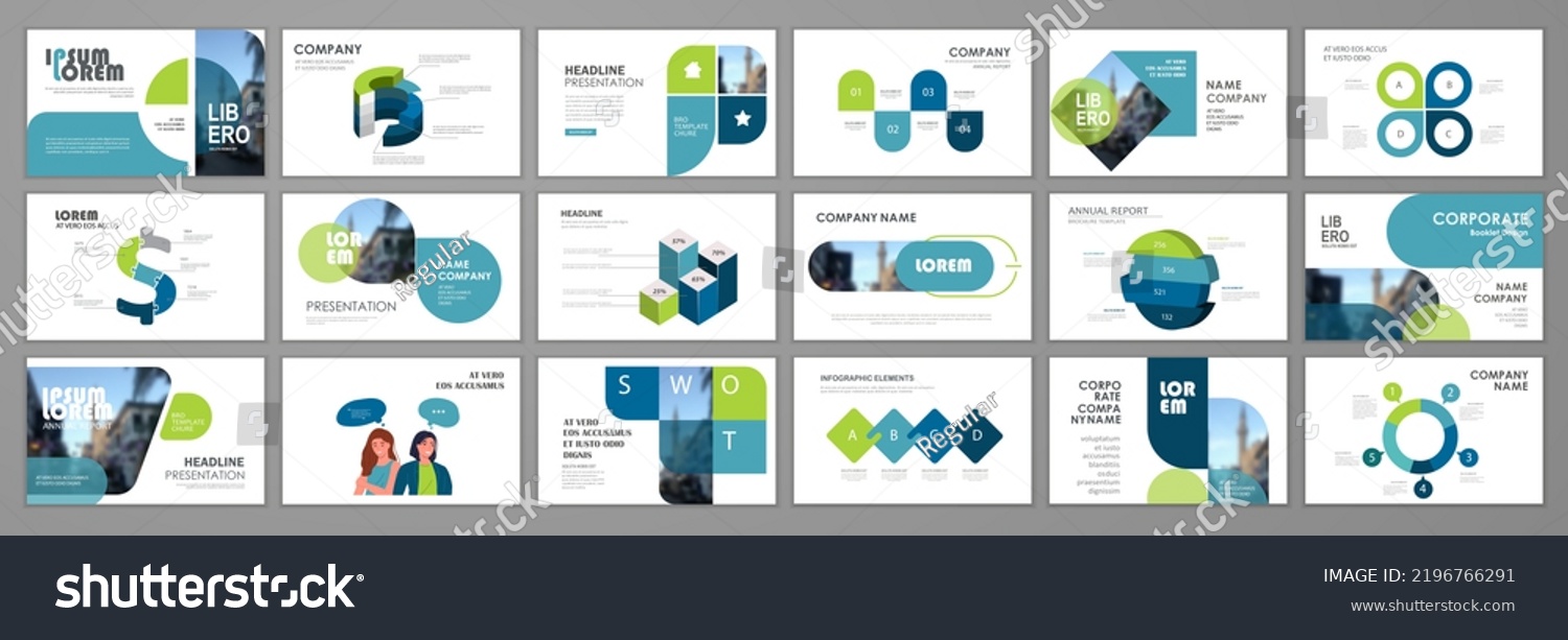 Blue and green abstract presentation slide templates. Infographic elements template  set for web annual report brochure, business flyer leaflet marketing and advertising template. Vector Illustration #2196766291