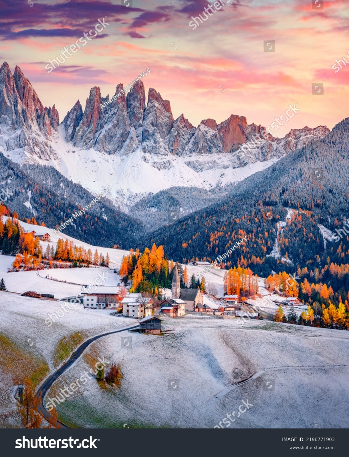 Fresh snow covered green hills on Santa Magdalena village. Fantastic autumn view of Seceda peak. Incredible landscape of Dolomite Alps, Italy. Traveling concept background. #2196771903