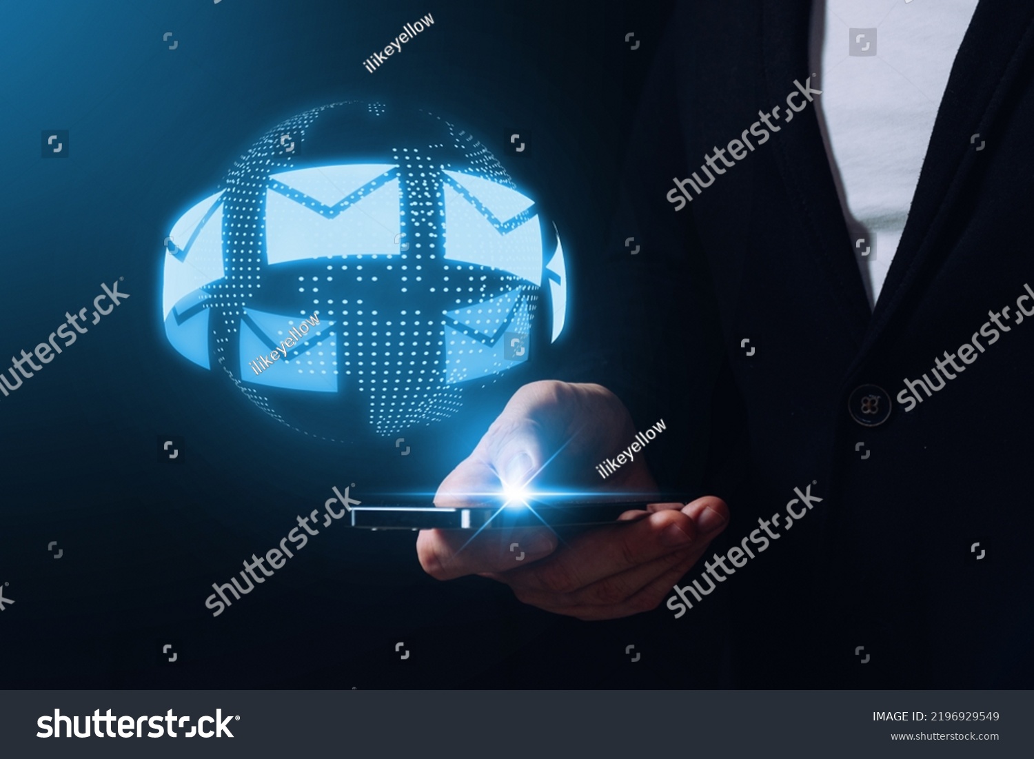 Message and email. Communication around the world via the Internet and instant messengers. The person is holding a smartphone with a hologram #2196929549