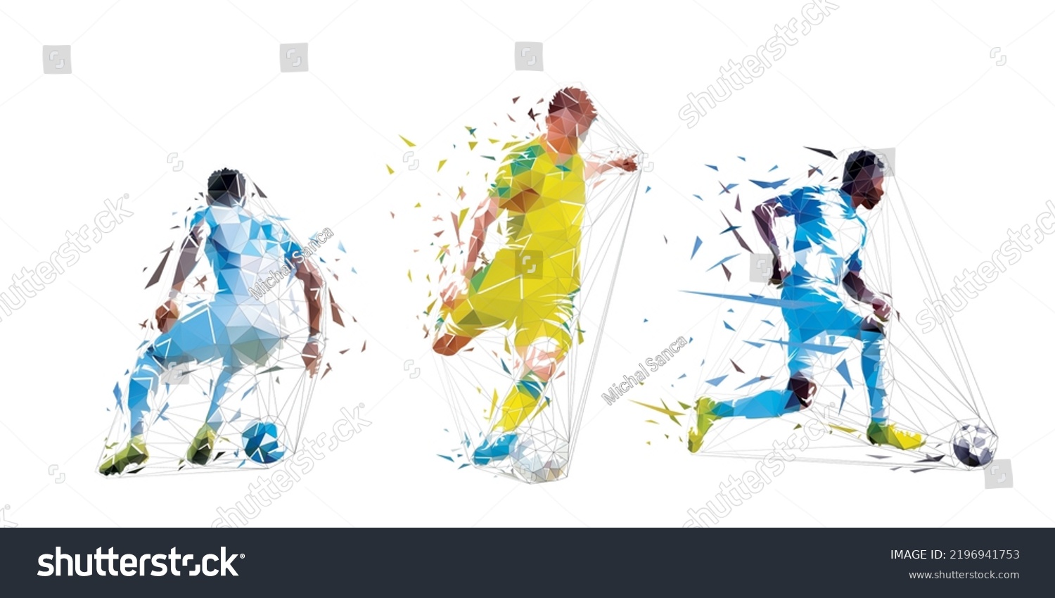Soccer, group of football players with ball, low polygonal footballers, geometric isolated vector illustration from triangles. Soccer set #2196941753
