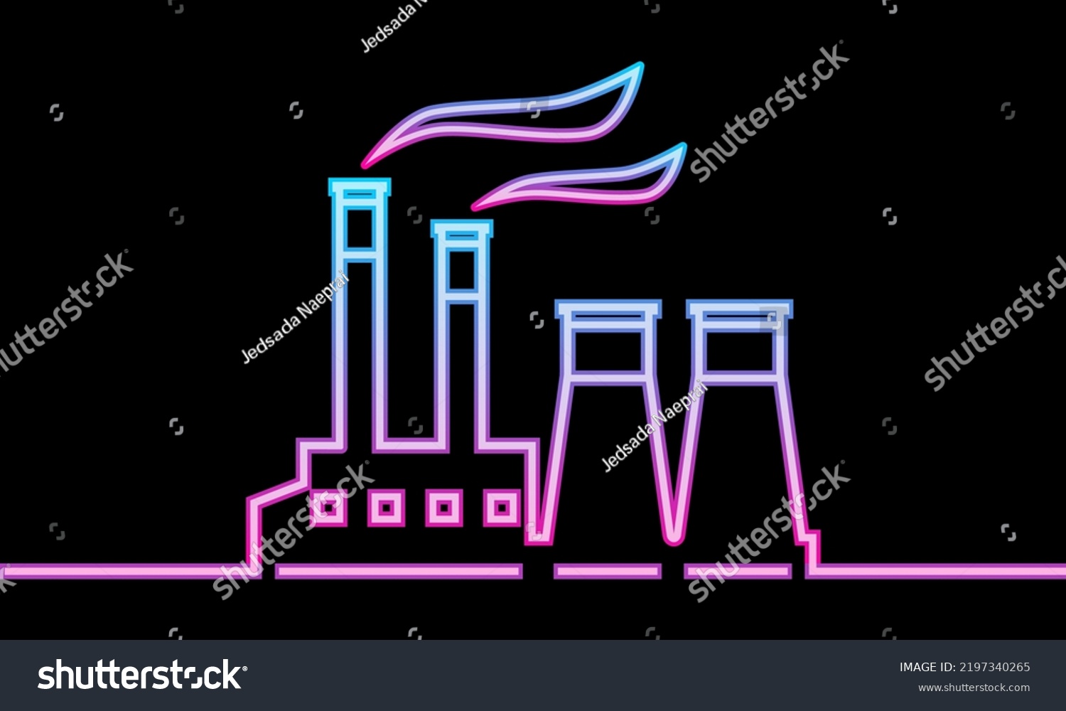 Line industrial factory or power plant (powerhouse) with smoke neon glowing light futuristic sci-fi outline icon logo flat vector design. #2197340265