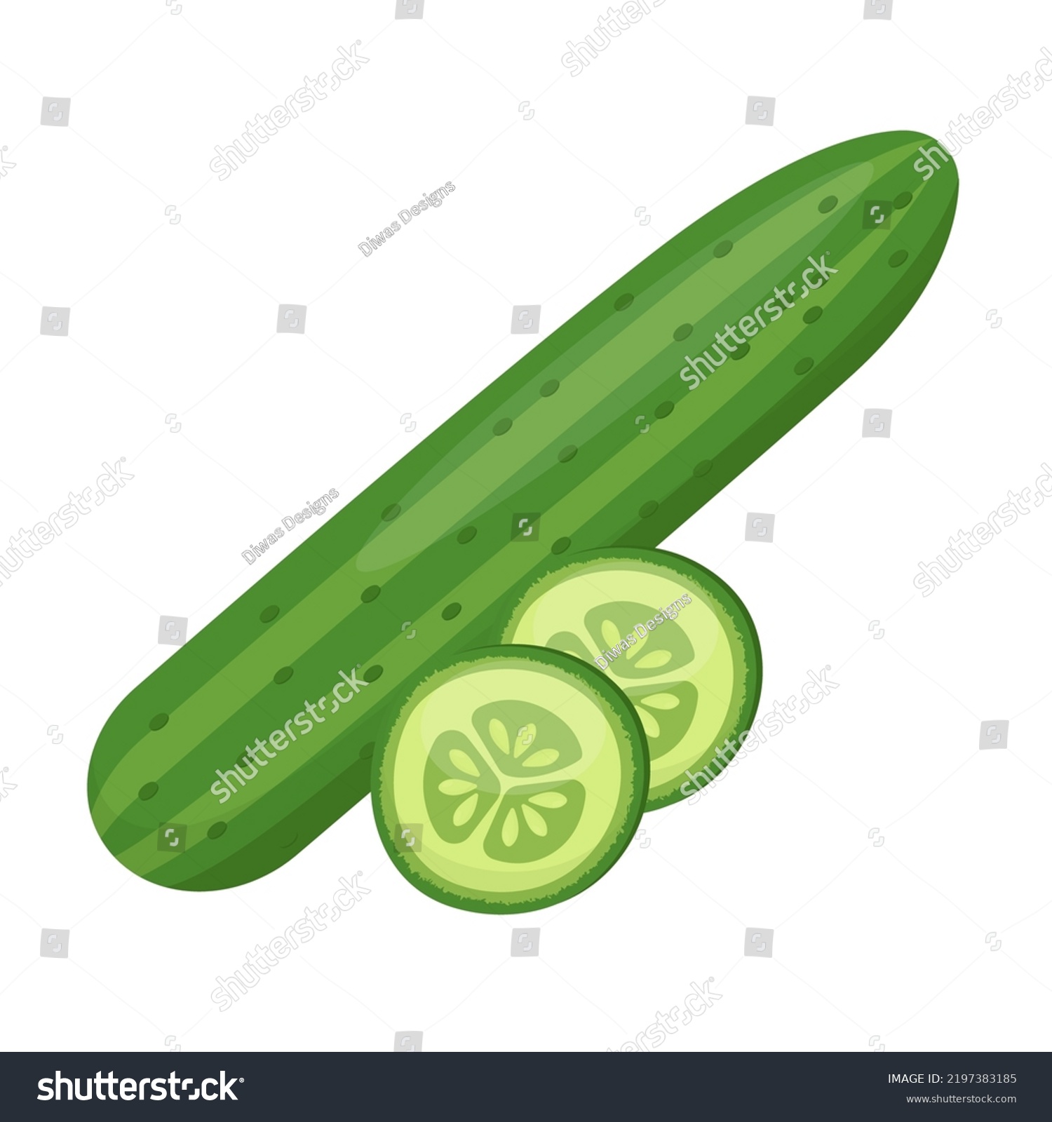 cucumber with slices flat vector illustration clipart isolated on white background #2197383185