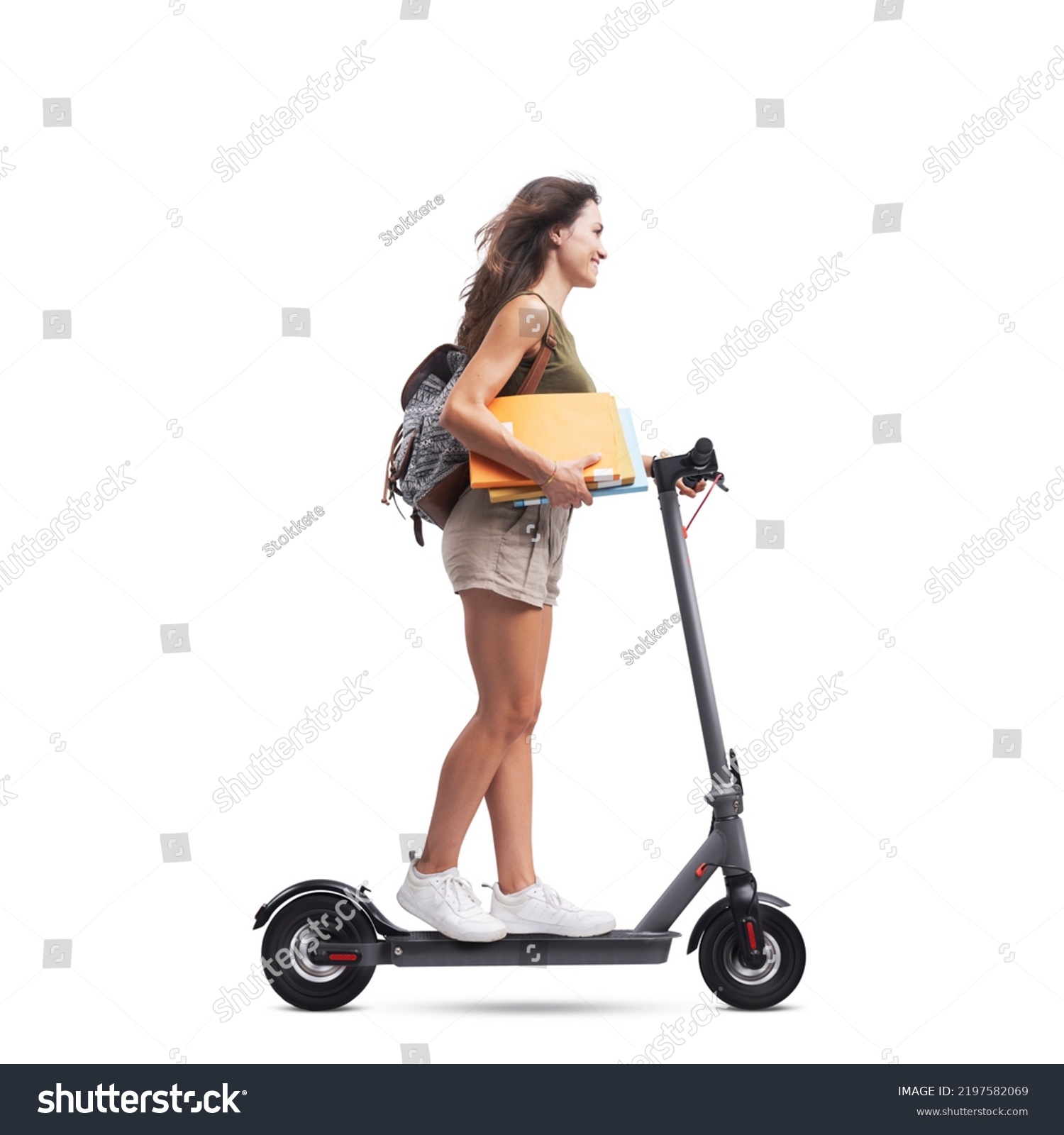 Smiling student with backpack riding an eco-friendly electric scooter, isolated on white background #2197582069
