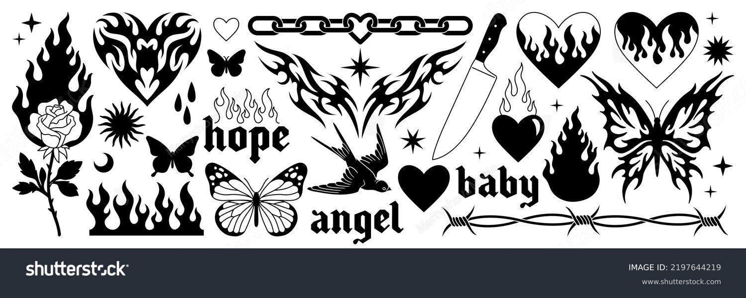 Tattoo art 1990s, 2000s. Y2k stickers. Butterfly, barbed wire, fire, flame, chain, heart and other elements in trendy psychedelic style. Vector hand drawn tattoo print. Black and white colors. #2197644219