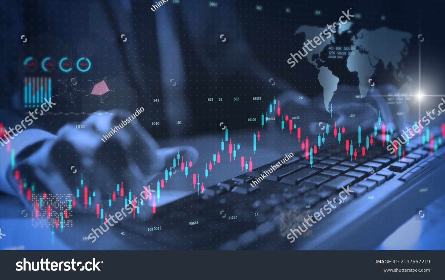 Stock exchange market economy financial dark theme, global business investment. Trader hand close up typing, trading stock market, candle stick graph chart. #2197667219