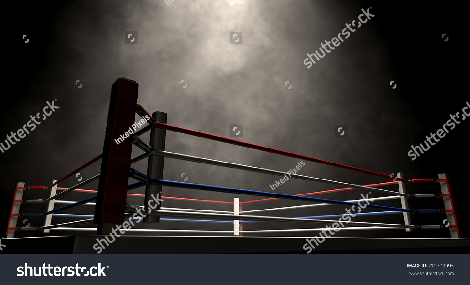 A regular boxing ring surrounded by ropes spotlit in the middle on an isolated dark background #219773095