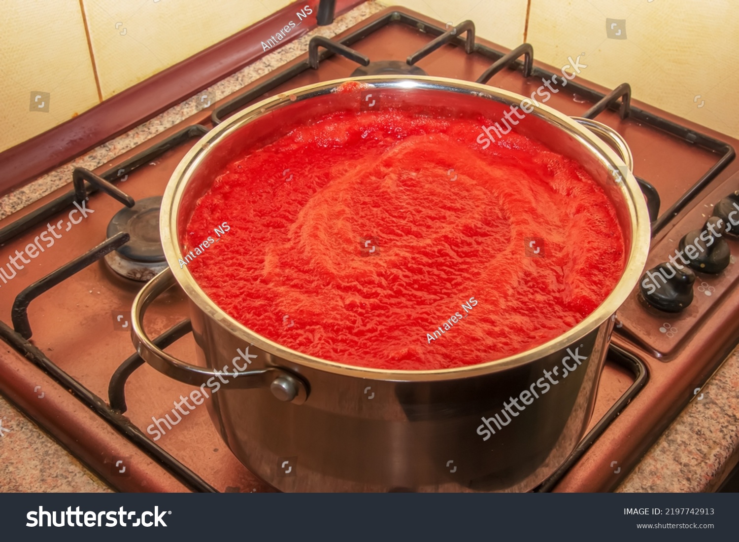 A woman prepares fresh healthy juice from tomatoes. Freshly made tomato juice is boiled in a saucepan and preserved for long-term storage. Diet concept for a healthy lifestyle. #2197742913