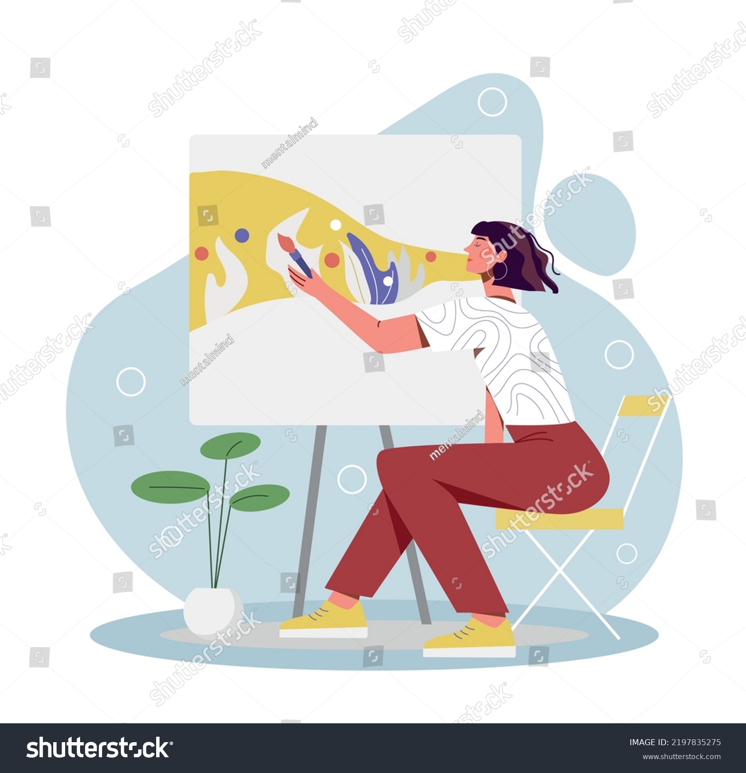 World art day. Poster or banner for international holidays, greeting card design. Young girl draws picture with paints, artist at work. Creative personality, hobby. Cartoon flat vector illustration #2197835275